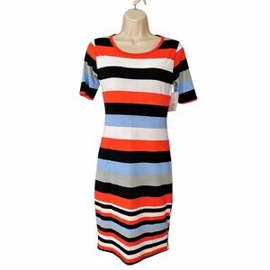 LuLaRoe Julia Dress XS Multicolor Striped Bodycon Knee Length Short Sleeve NWT